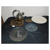 TEAPOT, AMBER COLOR DISHES, PLATE, WHITE FLOWER