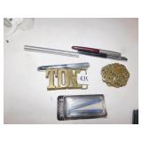 TOM BELT BUCKLE BRASS, PENS, PARKER INK ETC.