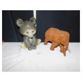 BEAR BANK & ELEPHANT WOOD CARVED 1 TUSK BROKEN