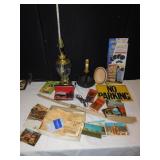 COASTER, CANDLE STICK LAMP, BROOM, POSTCARDS,