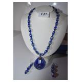 BLUE BEAD NECKLACE 20" W/ FLOWERS MOTIF INSIDE