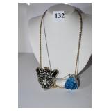 PANTHER 32" LONG NECKLACE AND BLUE STONE CENTER