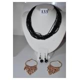 16" BLACK BEAD NECKLACE W/ EARRINGS AND COPPER