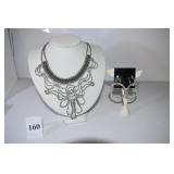 RHINESTONE NECKLACE 16" ADJ. W/ HOOP EARRINGS