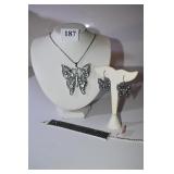 BUTTERFLY NECKLACE 28" LONG W/ EARRINGS AND BLACK