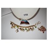 CHARM BRACELET W/ ZOO ANIMALS, BUTTERFLY PIN,