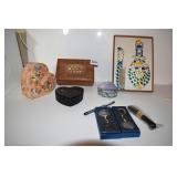 JEWELRY BOX WITH INLAY, COMB BRUSH SET, HEART BOX