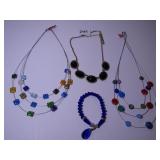 TWO GLASS BEAD ON WIRE NECKLACES, BLACK PENDANT