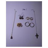 FOUR PAIR EARRINGS, CROSS PENDANT NECKLACE,