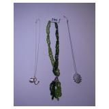 GREEN GLASS BEADED NECKLACE, CLOUDY WHITE GLASS
