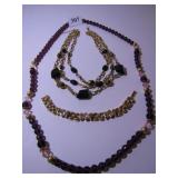 LONG PURPLE GLASS BEAD NECKLACE, MULTISTRAND GOLD