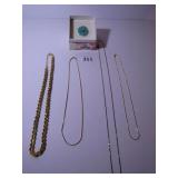 FOUR GOLD TONE NECKLACES ONE 925 BLUE ENAMEL