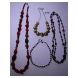 RED BEADED NECKLACE, GOLD TONE METAL BALL