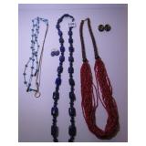RED BEADED MULTISTRAND NECKLACE, TURQUOISE AND