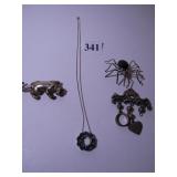 STERLING SILVER CAT PIN, SPIDER PIN, BLUE STONE