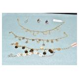 FOUR BRACELETS, HEART CHARM, STERLING EARRINGS,