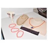 THREE PINK STONE BRACELETS, EARRINGS, GLASS