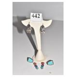 STERLING AND TURQUOISE EARRINGS, TRIPLE STONE