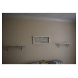 TWO WHITE SHELVES 23" W X 8" X 8" D & HAPPY SIGN