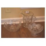 ETCHED WATER PITCHER, PEDESTAL BOWL, ETC.