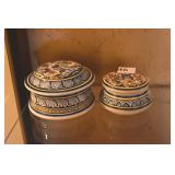 HAND PAINTED COVERED DISHES W/ CRACK ON ONE