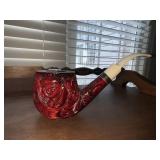 SILVER BAND WOOD LARGE PIPE HEAVILY CARVED FISH