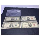 2 RED SEAL $5.00 NOTES, 2 SILVER CERTIFICATES