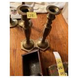 TWO BRASS CANDLE HOLDERS 10" H AND TIN CANDLE