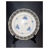 CHINA TRAY WITH PEWTER RIM, HAS CRACK IN PEWTER,