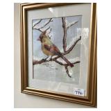 ORIGINAL ARTWORK OF CARDINAL, FRAMED AND MATTED,
