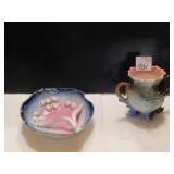 TWO GLAZED PORCELAIN PIECES4" H DOUBLE HANDLE AND