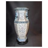 MADE IN CHINA VASE B/WHITE AND PINK ACCENT 14" H