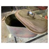 LARGE OVAL GALVANIZED TUB WITH LID AND WOODED