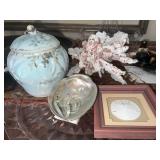 BISCUIT JAR W/ DAMAGE TOP, PINK DEPRESSION PLATE