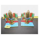 SET OF 2 PAINTED BRASS BOOK ENDS DEPICTING A