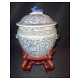 GINGER JAR W/ LID, JAPAN W/ ANIMAL FIGURE LID 8"