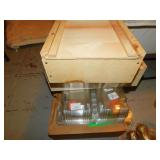 PLASTIC STORAGE BOXES AND 2 SLIDE TOP WOOD