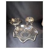 3 PIECES OF GLASS WITH SILVER OVERLAY, FOOTED