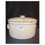 GRAY CROCK W/ ELEPHANT EAR HANDLES CRACK ON LID