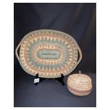 STRAW TRAY DOUBLE HANDLE - GREEN ACCENTS W/