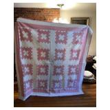 PINK AND WHITE HAND STITCHED QUILT 76" X 80"
