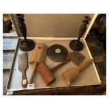 ANTIQUE WOOD CANDLE STICKS, KITCHEN MALLETS, WOOD