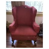 CLAW AND BALL FOOT FIRESIDE CHAIR RED SLIPCOVER