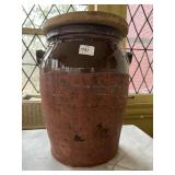 LARGE TERRACOTTA DOUBLE HANDLE JUG WITH WOODEN