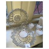 4 PAINTED CHINA TEACUPS, GLASS SERVING BOWLS 10"