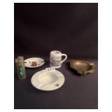 3 ASHTRAYS, BRASS, CERAMIC DOG WITH GOLD EDGE,