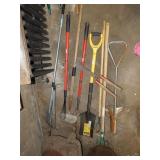 GROUP OF GARDENING TOOLS, SHOVEL, RAKE, POST HOLE