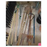 GROUP OF GARDENING TOOLS, SHOVEL, RAKE, POST HOLE