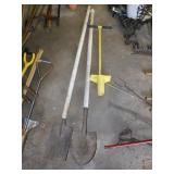 POST HOLE DIGGER AND 2 MODIFIED SHOVELS WITH