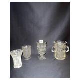 4 PRESSED GLASS VASES. 2 PEDESTAL 6" 5", SMALL